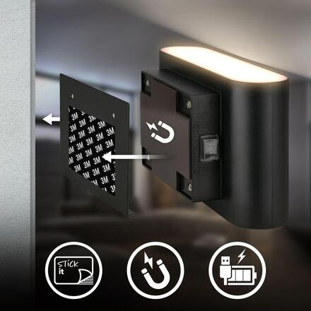 BRILONER Chat nástěnné svítidlo - 3W, 270lm, bezdrátová, LED, s pohybovým čidlem, černá 3878015