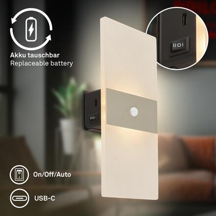 BRILONER Aura nástěnné svítidlo - 2,5W, 100lm, nabíjecí, LED, s pohybové čidlo, matný nikl 3888012