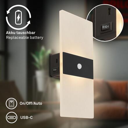 BRILONER Aura nástěnné svítidlo - 2,5W, 100lm, nabíjecí, LED, s pohybové čidlo, černá 3888015