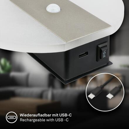 BRILONER Taro nástěnné svítidlo - 2,5W, 100lm, bezdrátové, LED, s pohybové čidlo, matný nikl 3889012