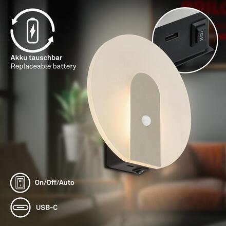 BRILONER Taro nástěnné svítidlo - 2,5W, 100lm, bezdrátové, LED, s pohybové čidlo, matný nikl 3889012