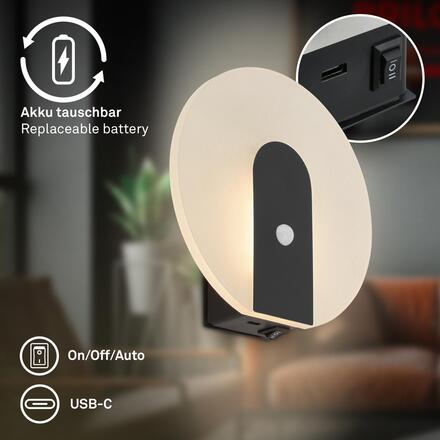 BRILONER Taro nástěnné svítidlo - 2,5W, 100lm, bezdrátové, LED, s pohybové čidlo, černá 3889015