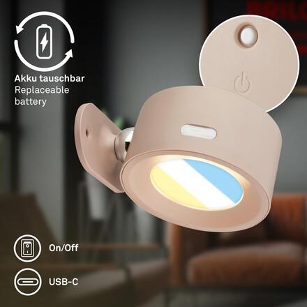 BRILONER Tari nástěnné bodové svítidlo - 1,6W, 160lm, LED, nabíjecí, CCT, stmívatelné, bezdrátové, béžová 3896011