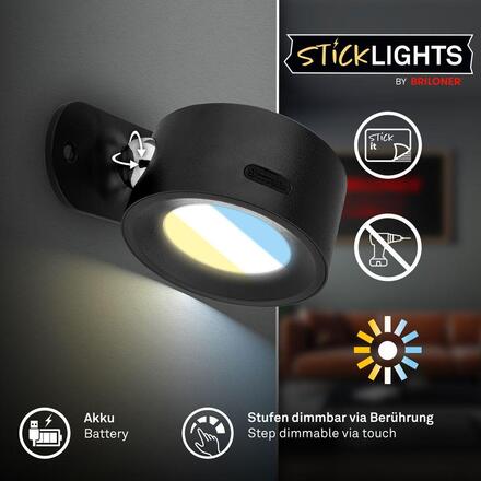 BRILONER Tari nástěnné bodové svítidlo - 1,6W, 160lm, LED, nabíjecí, CCT, stmívatelné, bezdrátové, černá 3896015