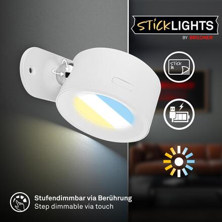 BRILONER Tari nástěnné bodové svítidlo - 1,6W, 160lm, LED, nabíjecí, CCT, stmívatelné, bezdrátové, bílá 3896016