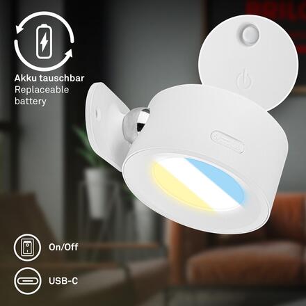 BRILONER Tari nástěnné bodové svítidlo - 1,6W, 160lm, LED, nabíjecí, CCT, stmívatelné, bezdrátové, bílá 3896016