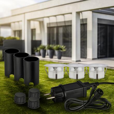 BRILONER CONNECT TO SHINE startovací sada 12V zahradní osvětlení - trafo, 3x LED svítidlo do země, IP67, stříbrná 3916032