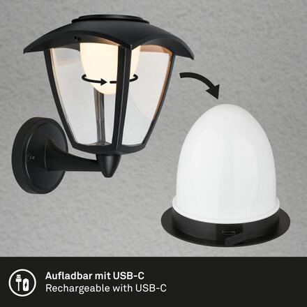 BRILONER LED nabíjecí nástěnné svítidlo, venkovní, retro, dotykový vypínač, vyměnitelné baterie, vč. USB-C kabelu, stmívatelné, IP44, černá 3929015