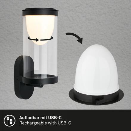 BRILONER LED nabíjecí nástěnné svítidlo, venkovní, dotykový vypínač, vyměnitelné baterie, vč. USB-C kabelu, stmívatelné, IP44, černé 3930015