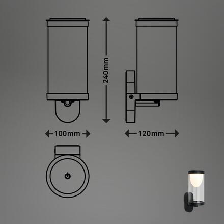 BRILONER LED nabíjecí nástěnné svítidlo, venkovní, dotykový vypínač, vyměnitelné baterie, vč. USB-C kabelu, stmívatelné, IP44, černé 3930015
