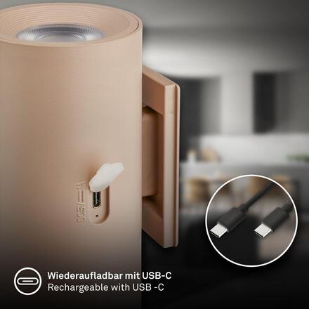 BRILONER Isy nástěnné svítidlo - 2W, 200lm, nabíjecí, LED, dotykový vypínač, stmívatelné, béžová 3942011