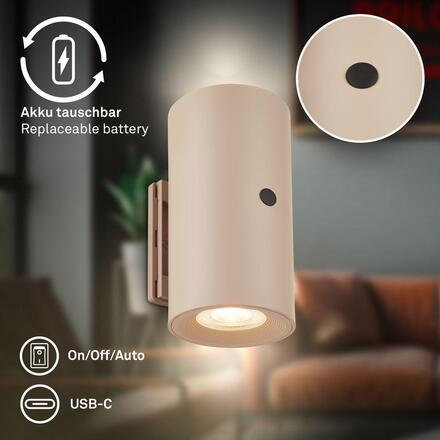 BRILONER Isy nástěnné svítidlo - 2W, 200lm, nabíjecí, LED, dotykový vypínač, stmívatelné, béžová 3942011