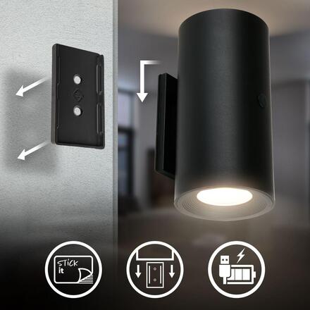 BRILONER Isy nástěnné svítidlo - 2W, 200lm, nabíjecí, LED, dotykový vypínač, stmívatelné, černá 3942015