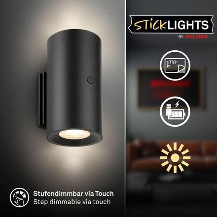 BRILONER Isy nástěnné svítidlo - 2W, 200lm, nabíjecí, LED, dotykový vypínač, stmívatelné, černá 3942015