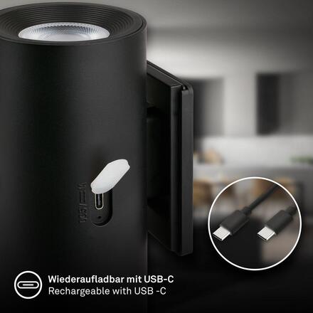 BRILONER Isy nástěnné svítidlo - 2W, 200lm, nabíjecí, LED, dotykový vypínač, stmívatelné, černá 3942015