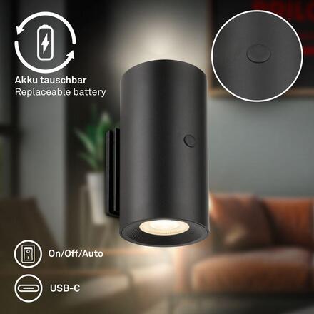 BRILONER Isy nástěnné svítidlo - 2W, 200lm, nabíjecí, LED, dotykový vypínač, stmívatelné, černá 3942015