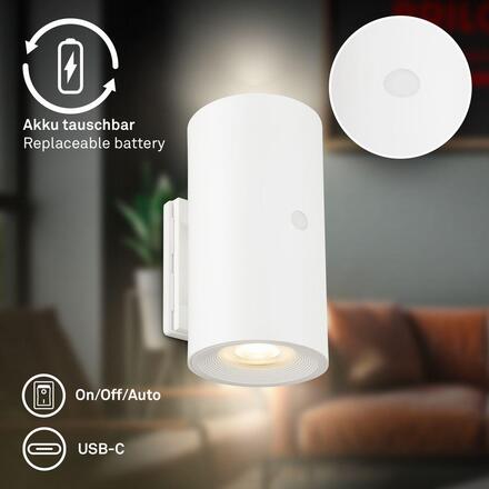 BRILONER Isy nástěnné svítidlo - 2W, 200lm, nabíjecí, LED, dotykový vypínač, stmívatelné, bílé 3942016