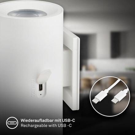 BRILONER Isy nástěnné svítidlo - 2W, 200lm, nabíjecí, LED, dotykový vypínač, stmívatelné, bílé 3942016