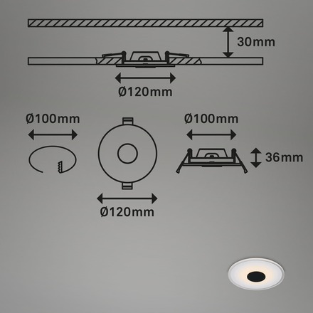 BRILONER LED vestavné svítidlo, pr.12 cm, 3x LED, 6 W, 650 lm, černá IP44 BRI 7043-035