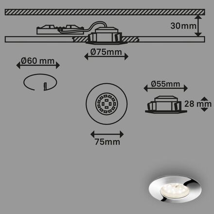 BRILONER LED vestavné svítidlo, pr. 7,5 cm, chrom IP44 BRI 7204-018