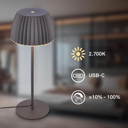 BRILONER Loca stolní lampa - 8W, 800lm, LED, dotykový vypínač, stmívatelná, teplá bílá, antracit 7625015