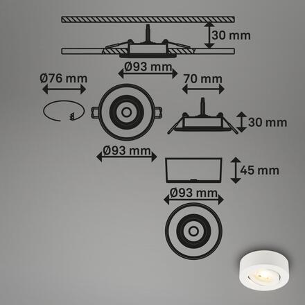 BRILONER LED vestavné / přisazené bodové svítidlo – pr.9mm, stmívatelné, 5W, 230V, teplá bílá, nastavitelné, bílá 7990016