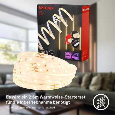 BRILONER Prodlužovací sada LED Strip On/Off pro nástěnný panel – 260 cm, teplá bílá, zkracovatelná, samolepící, bílé 8019147