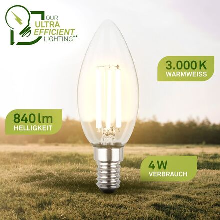 BRILONER EEK A 2ks sada E14 LED žárovka, třída A, Filament, 50.000h, 840lm, 4W, teple bílé světlo, svíčka 0553004