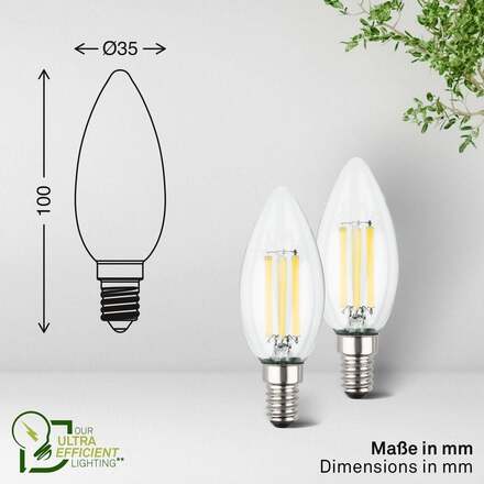 BRILONER EEK A 2ks sada E14 LED žárovka, třída A, Filament, 50.000h, 840lm, 4W, teple bílé světlo, svíčka 0553004