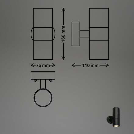 BRILONER Venkovní nástěnné svítidlo, IP54 voděodolné a prachotěsné, Up/Down, 16cm výška, černá 3792025