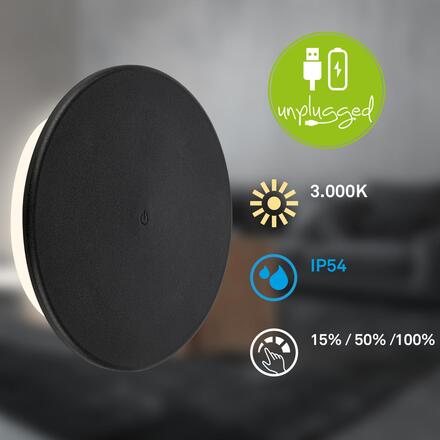 BRILONER Aurora LED nástěnné svítidlo nabíjecí, IP54, stmívatelné, dotykový vypínač, černé 3806015