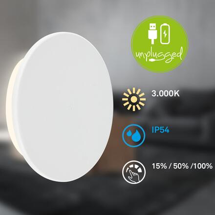 BRILONER Aurora LED nástěnné svítidlo nabíjecí, IP54, stmívatelné, dotykový vypínač, bílé 3806016