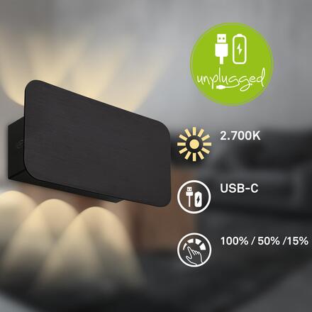 BRILONER LED nabíjecí nástěnné svítidlo 17x9 cm – bezdrátové, stmívatelné, Up/Downlight, dotykový vypínač, černá 3807015