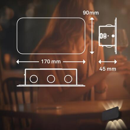 BRILONER LED nabíjecí nástěnné svítidlo 17x9 cm – bezdrátové, stmívatelné, Up/Downlight, dotykový vypínač, černá 3807015