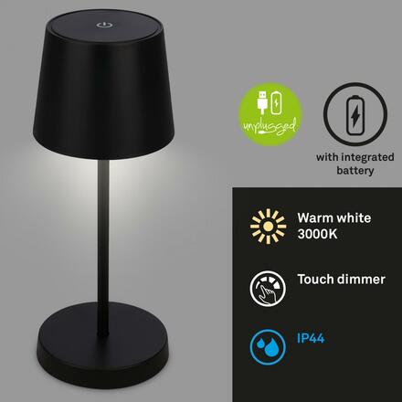BRILONER LED nabíjecí stolní lampa 26 cm 2,6W 150lm černá IP44 BRILO 7423015