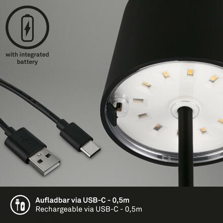 BRILONER LED nabíjecí stolní lampa 26 cm 2,6W 150lm černá IP44 BRILO 7423015