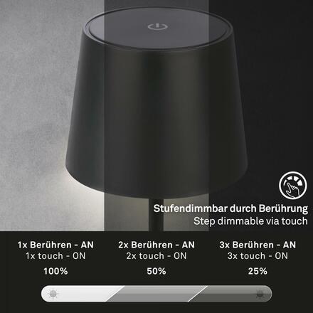 BRILONER LED nabíjecí stolní lampa 26 cm 2,6W 150lm černá IP44 BRILO 7423015