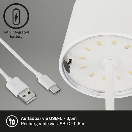 BRILONER LED nabíjecí stolní lampa 26 cm 2,6W 150lm bílé IP44 BRILO 7423016