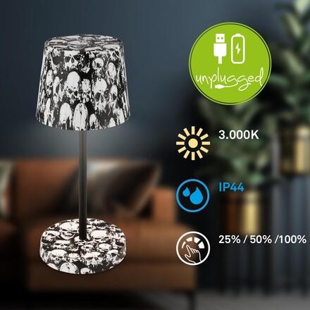 BRILONER Boano LED stolní lampička bezdrátová IP44, stmívatelné, dotykový vypínač, motiv lebky 7423043