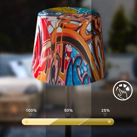 BRILONER Boano LED stolní lampička bezdrátová IP44, stmívatelné, dotykový vypínač, motiv graffiti 7423045
