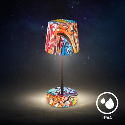 BRILONER Boano LED stolní lampička bezdrátová IP44, stmívatelné, dotykový vypínač, motiv graffiti 7423045