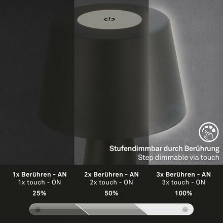 BRILONER LED nabíjecí stolní lampa pr.16,5 cm 3,5W 400lm černá IP44 BRILO 7437015