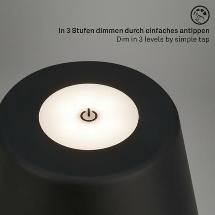 BRILONER LED nabíjecí stolní lampa pr.16,5 cm 3,5W 400lm černá IP44 BRILO 7437015