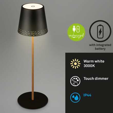BRILONER LED nabíjecí stolní lampa 38 cm 2,6 W 280lm černá-dřevo IP44 BRILO 7438-114
