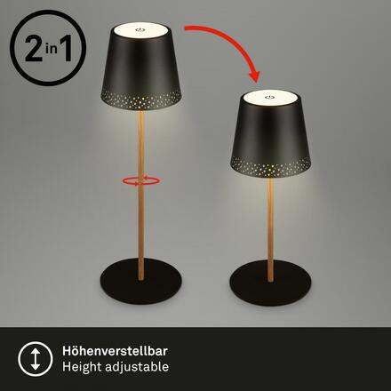 BRILONER LED nabíjecí stolní lampa 38 cm 2,6 W 280lm černá-dřevo IP44 BRILO 7438-114
