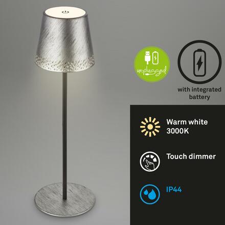 BRILONER LED nabíjecí stolní lampa 38 cm 2,6W 280lm antická stříbrná IP44 BRILO 7438-214