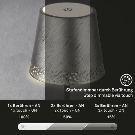 BRILONER LED nabíjecí stolní lampa 38 cm 2,6W 280lm antická stříbrná IP44 BRILO 7438-214
