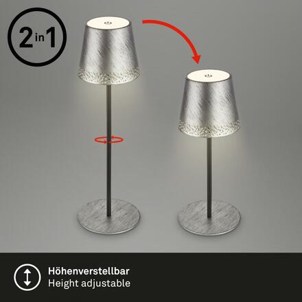 BRILONER LED nabíjecí stolní lampa 38 cm 2,6W 280lm antická stříbrná IP44 BRILO 7438-214