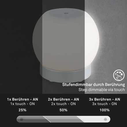 BRILONER LED bateriové stolní svítidlo, pr.16 cm, LED modul, 3W, 350 lm, matný chrom IP44 BRILO 7439-014