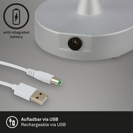 BRILONER LED bateriové stolní svítidlo pr.12,5 cm, LED modul, 3W, 350 lm, matný chrom IP44 BRILO 7440-014
